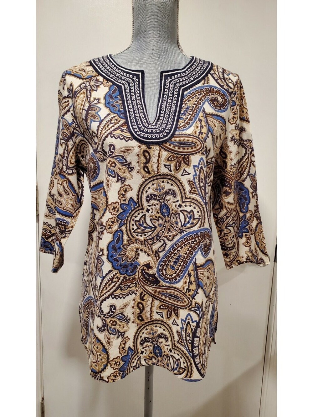 David Brooks Size L Large Paisley Linen Blend Tunic Top Blouse Brown